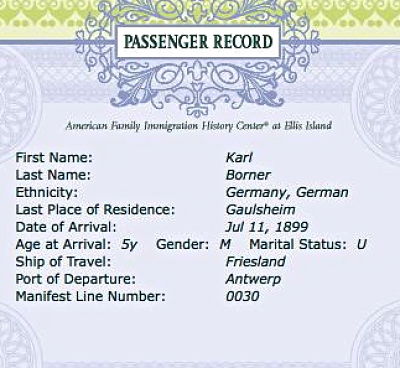 Registration Certificate for Karl Borner, age 5.