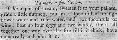 A recipe for Cream from the American Cookery Cookbook.