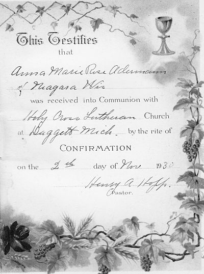 Confirmation Certificate for Anna Marie Rose Adermann