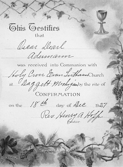 Confirmation Certificate of Oscar Dearl Aderman